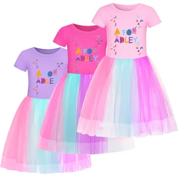 Летнее платье A for Adley для девочек 2023 года, платье-рубашка с героями мультфильмов, детское платье с круглым вырезом и вышивкой, платье с короткими рукавами